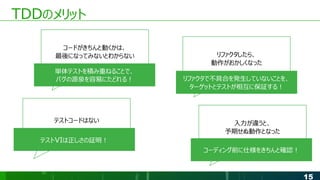 15
TDDのメリット
コードがきちんと動くかは、
最後になってみないとわからない リファクタしたら、
動作がおかしくなった
テストコードはない 入力が違うと、
予期せぬ動作となった
単体テストを積み重ねることで、
バグの源泉を容易にたどれる！ リファクタで不具合を発生していないことを、
ターゲットとテストが相互に保証する！
テストVIは正しさの証明！
コーディング前に仕様をきちんと確認！
 
