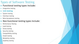 Types of Software Testing
 Functional testing types include:
 Integration testing
 Unit testing
 System testing
 Interface testing
 Beta/Acceptance testing
 Non-functional testing types include:
 Performance Testing
 Load testing
 Stress testing
 Security testing
 Compatibility testing
 Install testing
 Reliability testing
 Usability testing
 