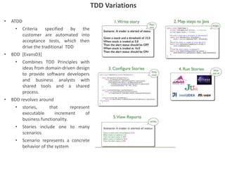 TDD Variations
• ATDD
• Criteria specified by the
customer are automated into
acceptance tests, which then
drive the traditional TDD
• BDD [Evans03]
• Combines TDD Principles with
ideas from domain-driven design
to provide software developers
and business analysts with
shared tools and a shared
process.
• BDD revolves around
• stories, that represent
executable increment of
business functionality.
• Stories include one to many
scenarios
• Scenario represents a concrete
behavior of the system
 