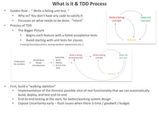 • Golden Rule - “ Write a failing unit test. “
• Why so? You don’t have any code to satisfy it
• Focusses on what needs to be done. “intent”
• Process of TDD
• The Bigger Picture
• Begins each feature with a failed acceptance tests
• Avoid starting with unit tests for classes
[ testing boundary errors, wrong boolean expressions etc.,]
What is it & TDD Process
• First, build a “walking-skeleton”
• Implementation of the thinnest possible slice of real functionality that we can automatically
build, deploy, and test end-to-end
• End-to-end testing at the start, for better/working system design
• Expose Uncertainty early – flush issues when there is time / goodwill / budget
 