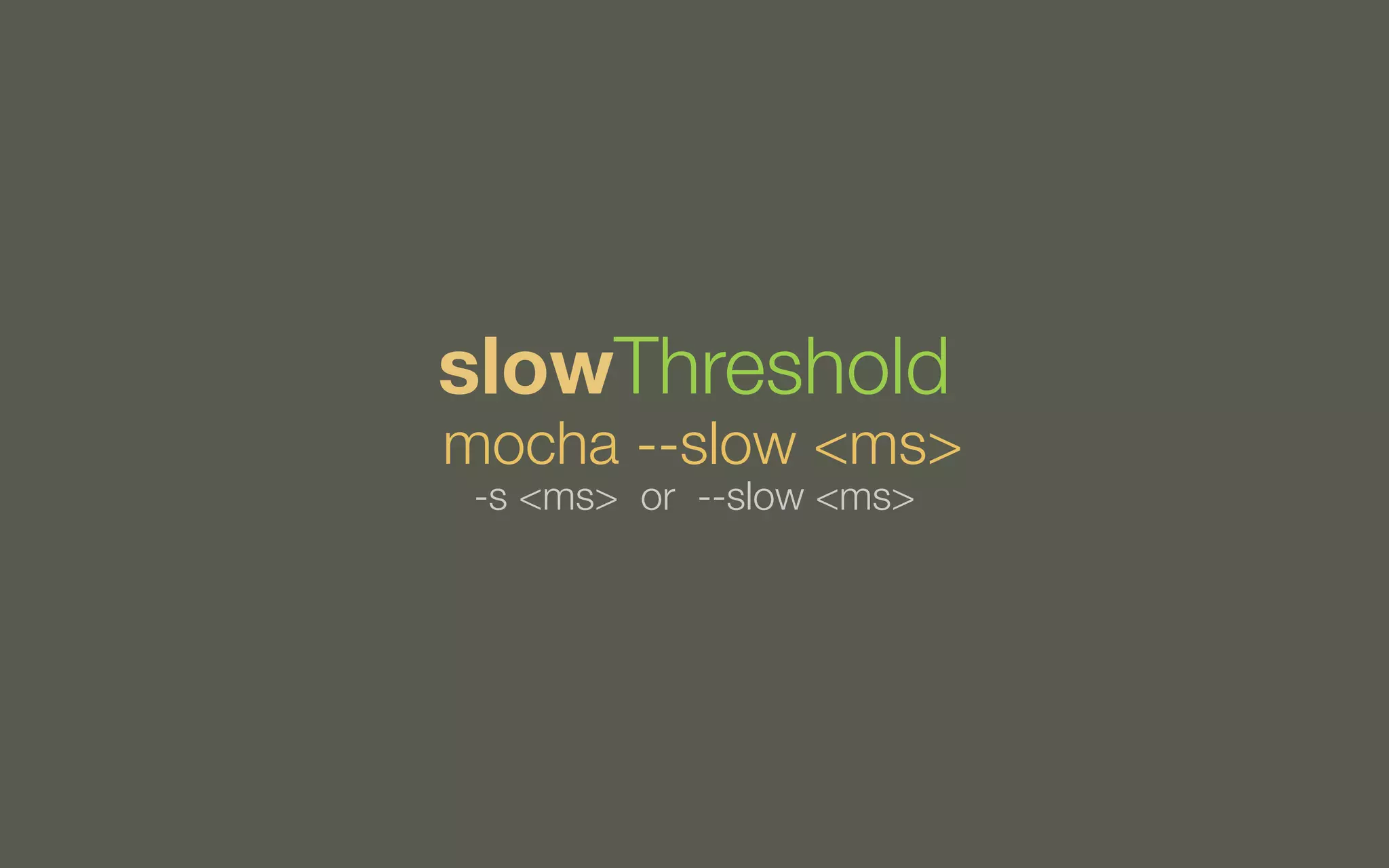 slowThreshold

mocha --slow <ms>
-s <ms> or --slow <ms>

 