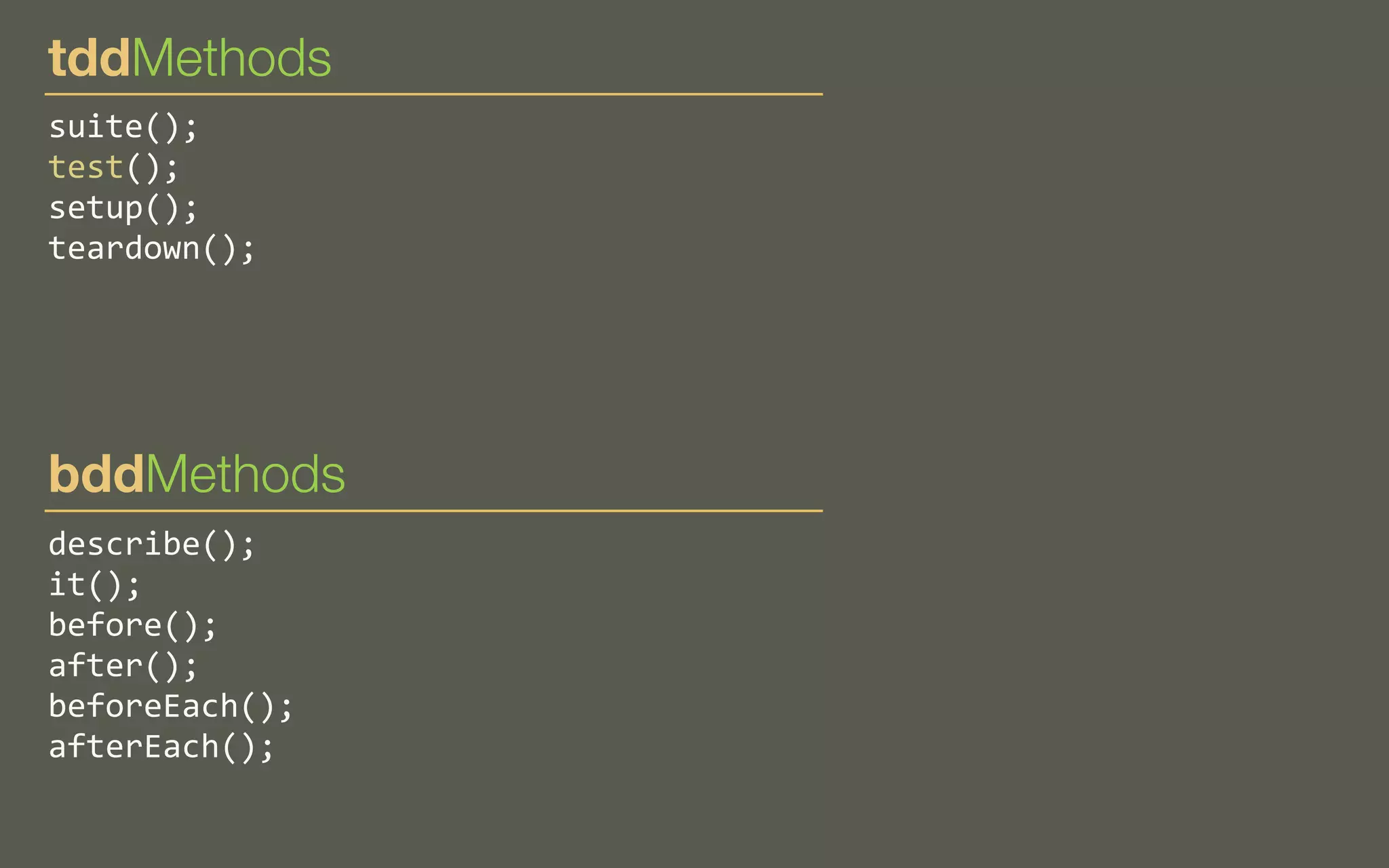 tddMethods
suite();
test();
setup();
teardown();

bddMethods
describe();
it();
before();
after();
beforeEach();
afterEach();

 