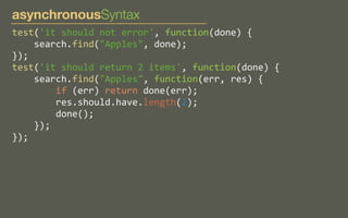 asynchronousSyntax
test('it	
  should	
  not	
  error',	
  function(done)	
  {
	
  	
  	
  	
  search.find("Apples",	
  done);
});
test('it	
  should	
  return	
  2	
  items',	
  function(done)	
  {
	
  	
  	
  	
  search.find("Apples",	
  function(err,	
  res)	
  {
	
  	
  	
  	
  	
  	
  	
  	
  if	
  (err)	
  return	
  done(err);
	
  	
  	
  	
  	
  	
  	
  	
  res.should.have.length(2);
	
  	
  	
  	
  	
  	
  	
  	
  done();
	
  	
  	
  	
  });
});

 