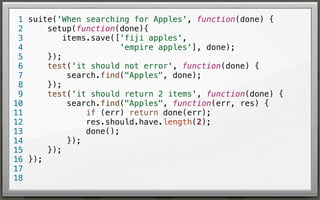 1 suite('When searching for Apples', function(done) {
setup(function(done){
2
items.save(['fiji apples',
3
'empire apples'], done);
4
});
5
test('it should not error', function(done) {
6
search.find("Apples", done);
7
});
8
test('it should return 2 items', function(done) {
9
search.find("Apples", function(err, res) {
10
if (err) return done(err);
11
res.should.have.length(2);
12
done();
13
});
14
});
15
16 });
17
18

 
