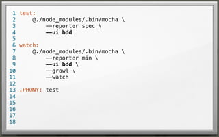 1 test:
@./node_modules/.bin/mocha 
2
--reporter spec 
3
--ui bdd
4
5
6 watch:
@./node_modules/.bin/mocha 
7
--reporter min 
8
--ui bdd 
9
--growl 
10
--watch
11
12
13 .PHONY: test
14
15
16
17
18

 