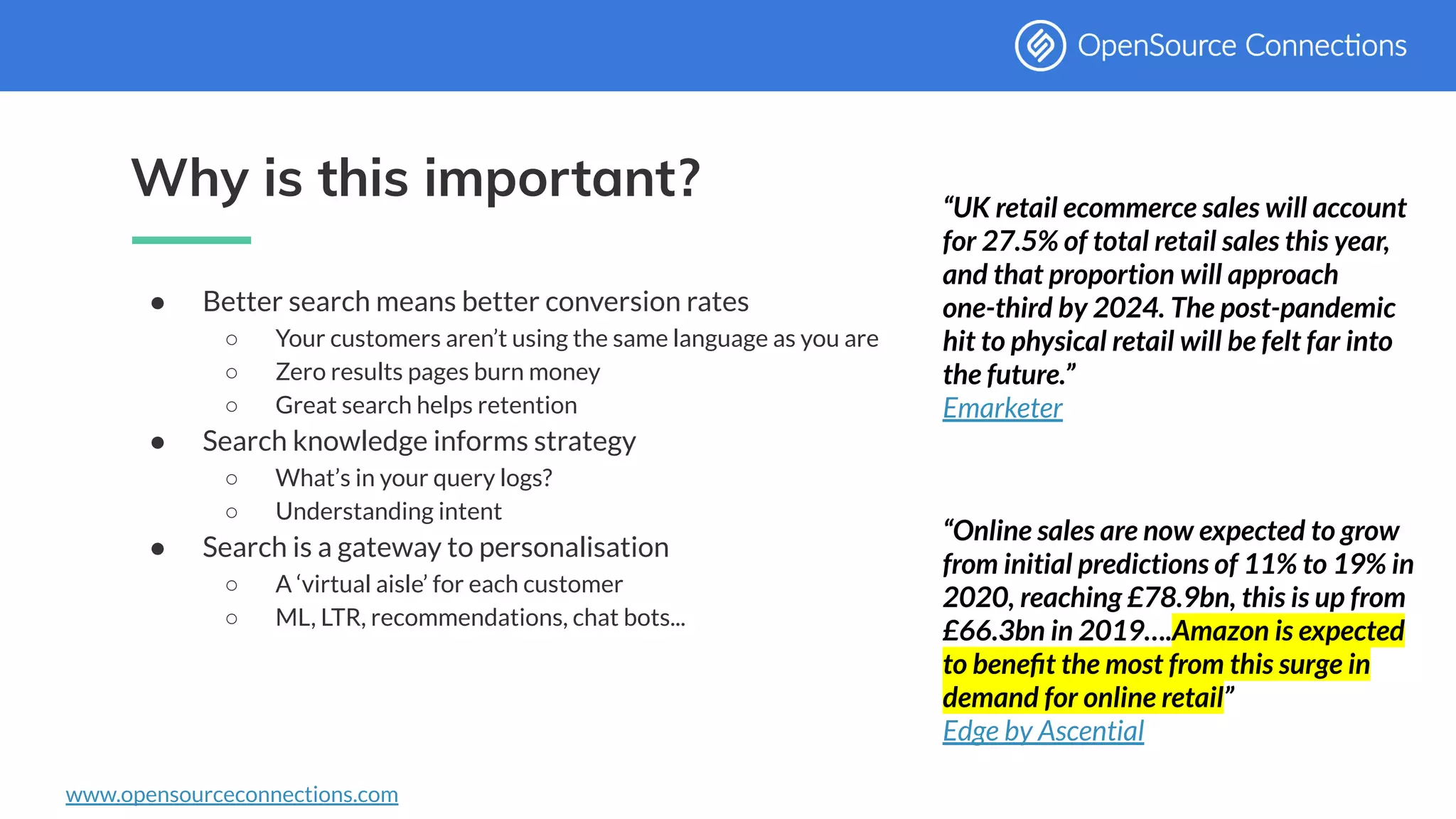 www.opensourceconnections.com
Why is this important?
● Better search means better conversion rates
○ Your customers aren’t using the same language as you are
○ Zero results pages burn money
○ Great search helps retention
● Search knowledge informs strategy
○ What’s in your query logs?
○ Understanding intent
● Search is a gateway to personalisation
○ A ‘virtual aisle’ for each customer
○ ML, LTR, recommendations, chat bots...
“UK retail ecommerce sales will account
for 27.5% of total retail sales this year,
and that proportion will approach
one-third by 2024. The post-pandemic
hit to physical retail will be felt far into
the future.”
Emarketer
“Online sales are now expected to grow
from initial predictions of 11% to 19% in
2020, reaching £78.9bn, this is up from
£66.3bn in 2019….Amazon is expected
to beneﬁt the most from this surge in
demand for online retail”
Edge by Ascential
 
