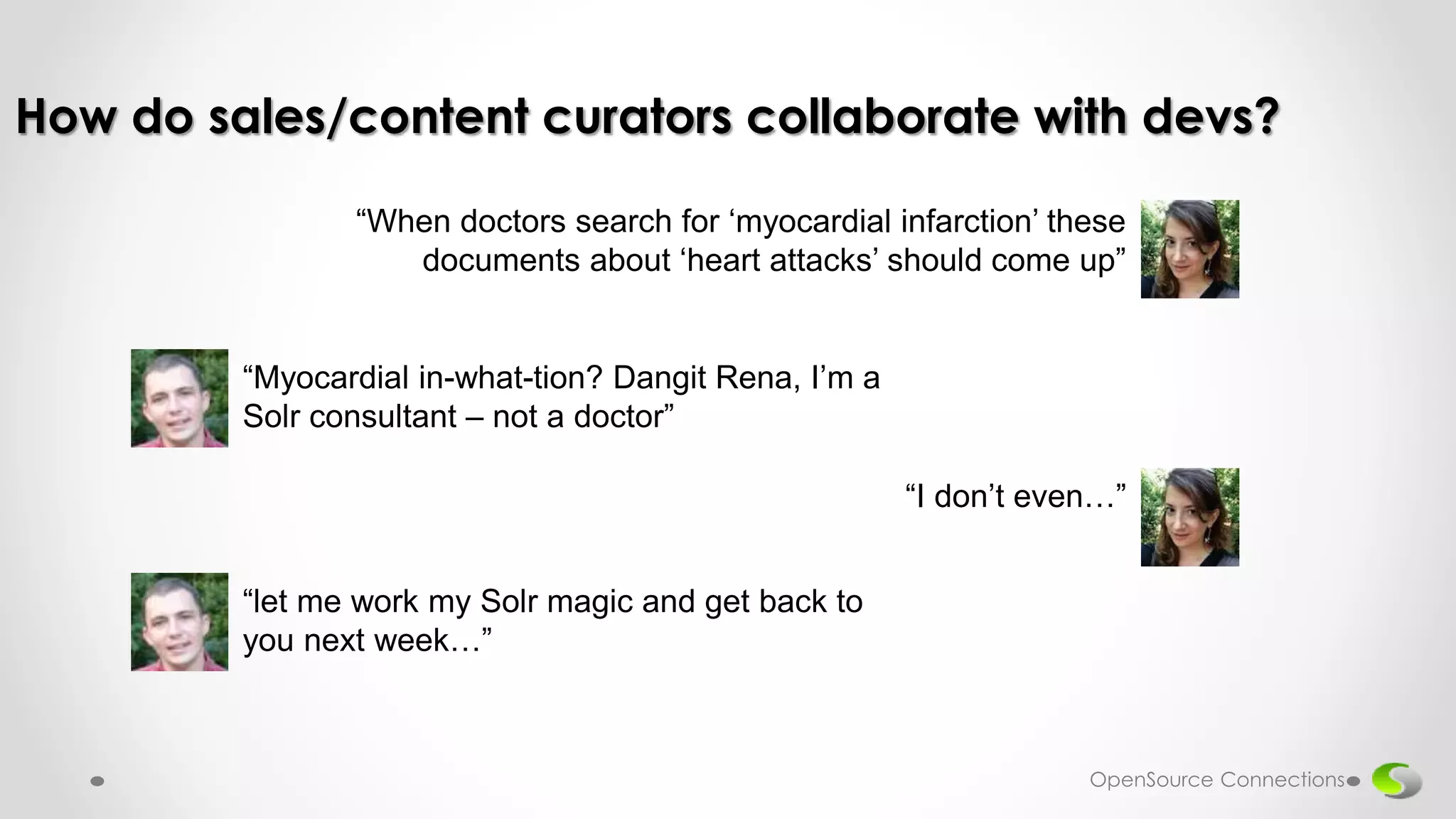 How do sales/content curators collaborate with devs?
“Myocardial in-what-tion? Dangit Rena, I’m a
Solr consultant – not a doctor”
“When doctors search for ‘myocardial infarction’ these
documents about ‘heart attacks’ should come up”
“I don’t even…”
“let me work my Solr magic and get back to
you next week…”
OpenSource Connections
 
