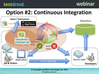 Option #2: Continuous Integration
Users / Consumers

Successful
build

Build
failed

Commit

Repository

Test Cases
Application
QA & Testers

Error reporting

Source code
Developers

© Copyrights by Bitbar Technologies Ltd. 2014
All rights reserved.

7

 