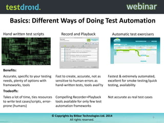 Basics: Different Ways of Doing Test Automation
Automatic test exercisersRecord and PlaybackHand written test scripts
Benefits:
Accurate, specific to your testing
needs, plenty of options with
frameworks, tools
Fast to create, accurate, not as
sensitive to human-errors as
hand-written tests, tools avail’ty
Fastest & extremely automated,
excellent for smoke testing/quick
testing, availability
Tradeoffs:
Takes a lot of time, ties resources
to write test cases/scripts, error-
prone (humans)
Compelling Recorder+Playback
tools available for only few test
automation frameworks
Not accurate as real test cases
© Copyrights by Bitbar Technologies Ltd. 2014
All rights reserved.
9
 