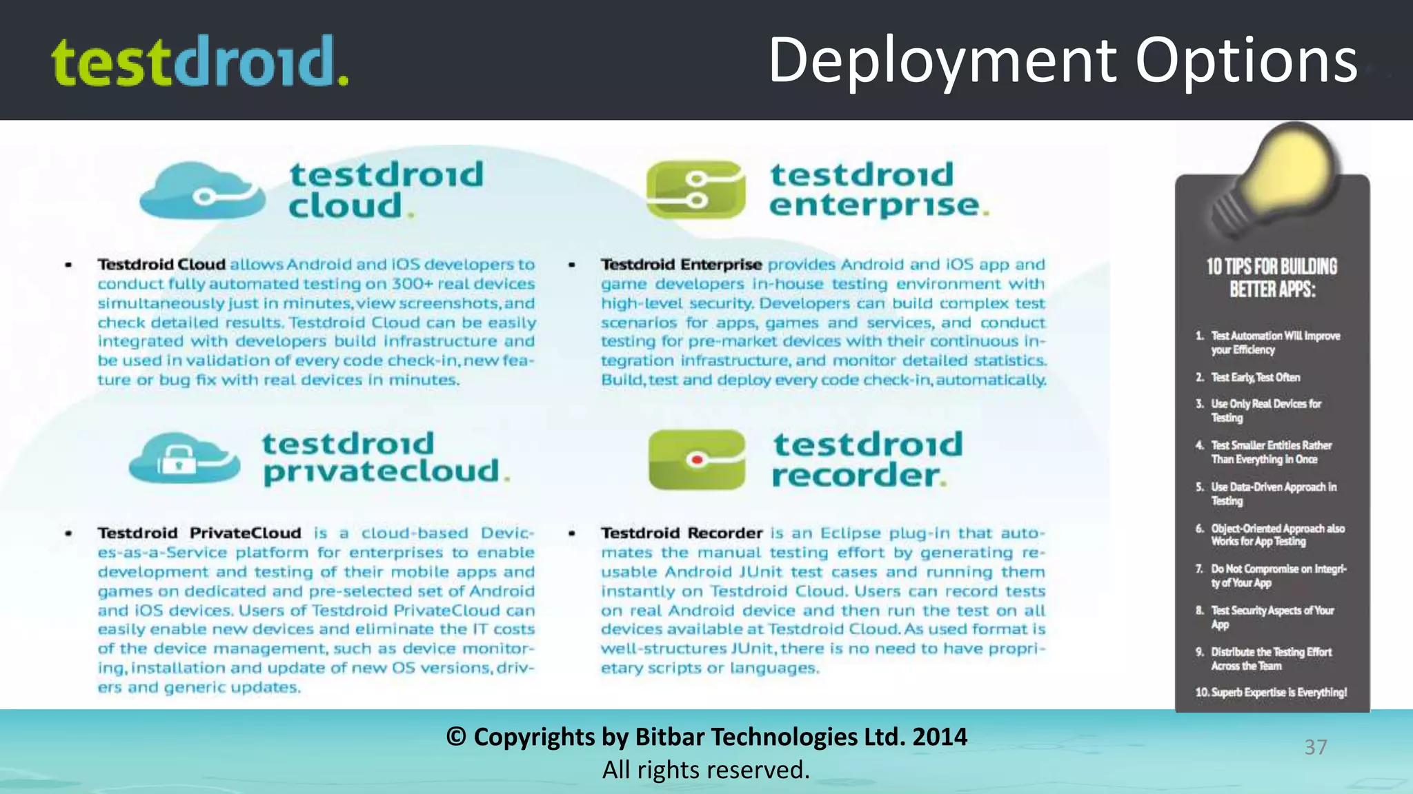 © Copyrights by Bitbar Technologies Ltd. 2014
All rights reserved.
37
Deployment Options
 