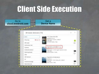 Client Side Execution
Get a
Device Name
Go to
cloud.testdroid.com
 