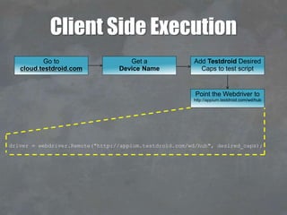 Client Side Execution
driver = webdriver.Remote("http://appium.testdroid.com/wd/hub", desired_caps);
Point the Webdriver to
http://appium.testdroid.com/wd/hub
Add Testdroid Desired
Caps to test script
Get a
Device Name
Go to
cloud.testdroid.com
 