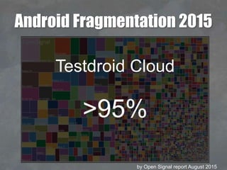Android Fragmentation 2015
by Open Signal report August 2015
Testdroid Cloud
>95%
 