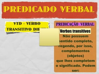 PREDICADO VERBAL
   VTD - VERBO      PREDICAÇÃO VERBAL
TRANSITIVO DIRETO
                      Verbos transitivos
                        Não possuem
                     sentido completo,
                     regendo, por isso,
                       complementos
                          (objetos)
                    que lhes completem
                    o significado. Podem
                             ser:
 