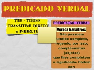 PREDICADO VERBAL
   VTD - VERBO
                    PREDICAÇÃO VERBAL
TRANSITIVO DIRETO
    e INDIRETO        Verbos transitivos
                        Não possuem
                     sentido completo,
                     regendo, por isso,
                       complementos
                          (objetos)
                    que lhes completem
                    o significado. Podem
                             ser:
 