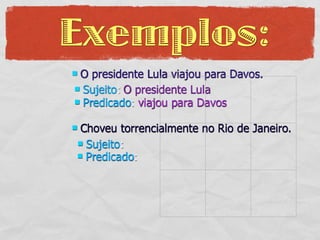 Exemplos:
O presidente Lula viajou para Davos.
 Sujeito: O presidente Lula
 Predicado: viajou para Davos


Choveu torrencialmente no Rio de Janeiro.
 Sujeito:
 Predicado:
 
