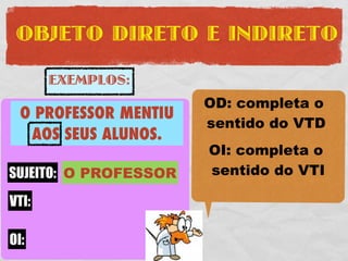 OBJETO DIRETO E INDIRETO

     EXEMPLOS:
                        OD: completa o
 O PROFESSOR MENTIU
 O PROFESSOR COMPROU    sentido do VTD
   AOS SEUS ALUNOS.
 UMA FERRARI VERMELHA   OI: completa o
SUJEITO: O PROFESSOR
SUJEITO: O PROFESSOR    sentido do VTI
VTD: COMPROU
 VTI:
     UMA FERRARI
OD:
 OI:
      VERMELHA
 