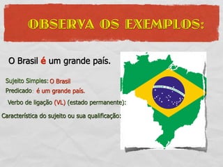 OBSERVA OS EXEMPLOS:

  O Brasil é um grande país.

 Sujeito Simples: O Brasil
 Predicado: é um grande país.
  Verbo de ligação (VL) (estado permanente):

Característica do sujeito ou sua qualificação:
 