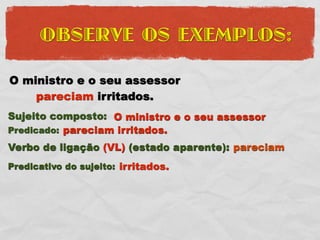 OBSERVE OS EXEMPLOS:

O ministro e o seu assessor
    pareciam irritados.
Sujeito composto: O ministro e o seu assessor
Predicado: pareciam irritados.
Verbo de ligação (VL) (estado aparente): pareciam
Predicativo do sujeito: irritados.
 