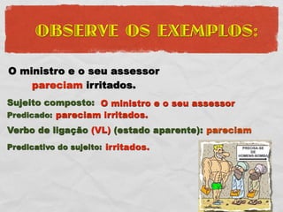 OBSERVE OS EXEMPLOS:

O ministro e o seu assessor
    pareciam irritados.
Sujeito composto: O ministro e o seu assessor
Predicado: pareciam irritados.
Verbo de ligação (VL) (estado aparente): pareciam
Predicativo do sujeito: irritados.
 