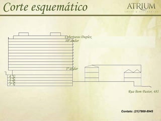 Corte esquemático

            Coberturas Duplex
            10º andar




            1º andar
 4 ºG
 3 ºG
 2 ºG
 1º G
                                    Rua Bom Pastor, 481



                                Contato: (21)7868-8945
 
