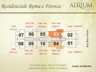 Residenziale Roma e Firenze

               3 qts + lav    3 qts + lav    3 qts + dep
     3 qts      92,36 m²      92,36 m²        97,87 m²            4 qts – 128,80 m²
    87,10 m²




     3 qts
               3 qts + lav     3 qts + lav   3 qts + dep
    85,17 m²                                                      4 qts – 128,80 m²
               85,77 m²        85,77 m²       96,26 m²




                     Residenziale Roma– Total de 110 unidades          Contato: (21)7868-8945
                    Residenziale Firenze– Total de 110 unidades
 
