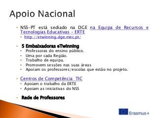 • NSS–PT está sediado na DGE na Equipa de Recursos e
Tecnologias Educativas – ERTE
• http://etwinning.dge.mec.pt/

• 5 Embaixadoras eTwinning
•
•
•
•
•

Professoras do ensino público.
Uma por cada Região.
Trabalho de equipa.
Promovem sessões nas suas áreas
Apoiam os professores/escolas que estão no projeto.

• Centros de Competência TIC
• Apoiam o trabalho da ERTE
• Apoiam as iniciativas do NSS

• Rede de Professores

 