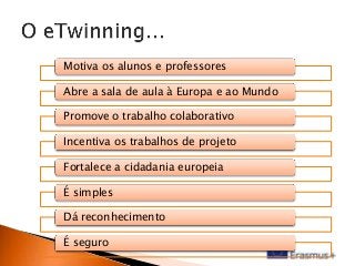 Motiva os alunos e professores
Abre a sala de aula à Europa e ao Mundo
Promove o trabalho colaborativo
Incentiva os trabalhos de projeto
Fortalece a cidadania europeia
É simples
Dá reconhecimento

É seguro

 