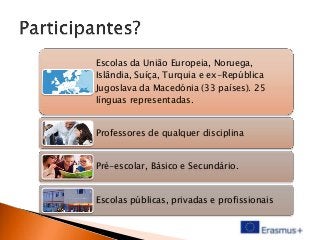 Escolas da União Europeia, Noruega,
Islândia, Suíça, Turquia e ex-República
Jugoslava da Macedónia (33 países). 25
línguas representadas.
Professores de qualquer disciplina
Pré-escolar, Básico e Secundário.
Escolas públicas, privadas e profissionais

 