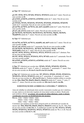 Harmonia Sergio Solimando
srsolimando@hotmail.com
(11)975929948
(11)32225530
35
g) Tipo “d”- Substituir por:
g1) M7, M7(9), M7/4, M7/4(9), M7(b13), M7(9/b13) saindo da 2a
. maior. Para dó use
estes acordes em D.
g2) m7(b5), m7(b5/9), m7(b5/11), m7(b5/b6) saindo da 3a
. maior. Para dó use estes
acordes em E.
g3) M7(b5), M7(#5), M7(b5/#5), M7(#5/#9), M7(#5/b9), M7(b9/b5), M7(b5/#9)
saindo da 4a
. aumentada. Para dó use estes acordes em F#.
g4) m(7M), m(7M/9), m(7M/11), m6, m6/9, m(add9) saindo da 5a
. justa. Para dó use
estes acordes em G.
g5) m7, m6, m7(11) saindo da 6a
. maior. Para dó use estes acordes em A .
g6) M(7M/#5), M(7M/#5/9), M(7M/#5/#11), M(7M/#5/6), M6(#5), M6/9(#5),
M(add9/#5) saindo da 7a
. menor. Para dó use estes acordes em Bb.
h) Tipo “e”- Substituir por:
h1) m(7M), m(7M/9), m(7M/11), m(add9), m6, m6/9 saindo da 2a
. menor. Para dó use
estes acordes em Db.
h2) m7, m6, m7(11) saindo da 2a
. aumentada. Para dó use estes acordes em D#.
h3) M(7M/#5), M(7M/#5/#11), M(7M/9), M(7M/#5/6), M6(#5), M6/9(#5),
M(#5/add9) saindo da 3a
. maior. Para dó use estes acordes em E.
h4) M7, M7(9), M7(#11), M7(9/#11), M7(13), M7(9/13) saindo da 5a
. diminuta. Para
dó use estes acordes em Gb.
h5) M7, M7(9), M7(b13), M7(9/b13), M7/4, M7/4(9) saindo da 5a
. aumentada. Para dó
use estes acordes em G#.
h6) m7(b5), m7(b5/9), m7(b5/11), m7(b5/b6) saindo da 7a
. menor. Para dó use estes
acordes em Bb.
i) Tipo “f”- Substituir por acordes tipo: M7(b5), M7(#5), M7(b5/#5), M7(#5/9),
M7(b5/9) saindo da 2a
. maior, 3a
. maior, 4a
. aumentada, 5a
. aumentada e 7a
. menor. Para
dó use estes acordes em: D e/ou E e/ou F# e/ou G# e/ou Bb.
j) Tipo “g”- Substituir por acordes tipo: M7, M7(#11), M7(b9), M7(#9), M7(b9/#11),
M7(#9/#11), M7(13), M7(b9/13) saindo da 2a
. aumentada, 4a
. aumentada e 6a
. maior.
Para dó use estes acordes em : D# e/ou F# e/ou A . Podemos também utilizar os acordes
do tipo Dim, Dim(7M), Dim(9), Dim(11), Dim(b13) saindo da 2a
. menor, 5a
. justa, 3a
.
maior e 7a
. menor. Para dó use estes acordes em: Db e/ou G e/ou E e/ou Bb.
SUBSTITUIÇÃO DOS ACORDES DA CATEGORIA 7A
. DIMINUTA
Antes de trabalhar na substituição deste acorde é necessário ressaltar que ele é simétrico,
ou seja, repete-se em intervalos regulares de terça menor acima ou abaixo. Razão pela
qual, podemos afirmar: só existem três acordes de sétima diminuta, sendo os demais
considerados inversões ou desdobramentos dos mesmos.
Por ex. Cdim = Ebdim= Gbdim= Adim
Dbdim = Edim = Gdim = Bbdim
Ddim = Fdim = Abdim = Bdim
Concluímos que qualquer acorde desta categoria pode ser substituído por acordes do
mesmo tipo: Dim, Dim(7M), Dim(9), Dim(11), Dim(b13) saindo da 3m, b5, 7dim. Para
dó use estes acordes em Eb, Gb, A . E também por acordes tipo M7, M7(#11), M7(b9),
M7(#9), M7(b9/#11), M7(#9/#11), M7(13), M7(b9/13) saindo da 7M, 2, 4, b6. Para dó
use estes acordes em B, D, F e Ab.
 