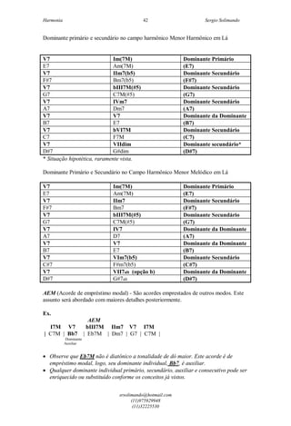 Harmonia Sergio Solimando
srsolimando@hotmail.com
(11)975929948
(11)32225530
42
Dominante primário e secundário no campo harmônico Menor Harmônico em Lá
V7 Im(7M) Dominante Primário
E7 Am(7M) (E7)
V7 IIm7(b5) Dominante Secundário
F#7 Bm7(b5) (F#7)
V7 bIII7M(#5) Dominante Secundário
G7 C7M(#5) (G7)
V7 IVm7 Dominante Secundário
A7 Dm7 (A7)
V7 V7 Dominante da Dominante
B7 E7 (B7)
V7 bVI7M Dominante Secundário
C7 F7M (C7)
V7 VIIdim Dominante secundário*
D#7 G#dim (D#7)
* Situação hipotética, raramente vista.
Dominante Primário e Secundário no Campo Harmônico Menor Melódico em Lá
V7 Im(7M) Dominante Primário
E7 Am(7M) (E7)
V7 IIm7 Dominante Secundário
F#7 Bm7 (F#7)
V7 bIII7M(#5) Dominante Secundário
G7 C7M(#5) (G7)
V7 IV7 Dominante da Dominante
A7 D7 (A7)
V7 V7 Dominante da Dominante
B7 E7 (B7)
V7 VIm7(b5) Dominante Secundário
C#7 F#m7(b5) (C#7)
V7 VII7alt (opção b) Dominante da Dominante
D#7 G#7alt (D#7)
AEM (Acorde de empréstimo modal) - São acordes emprestados de outros modos. Este
assunto será abordado com maiores detalhes posteriormente.
Ex.
AEM
I7M V7 bIII7M IIm7 V7 I7M
| C7M | Bb7 | Eb7M | Dm7 | G7 | C7M |
Dominante
Auxiliar
 Observe que Eb7M não é diatônico a tonalidade de dó maior. Este acorde é de
empréstimo modal, logo, seu dominante individual, Bb7, é auxiliar.
 Qualquer dominante individual primário, secundário, auxiliar e consecutivo pode ser
enriquecido ou substituído conforme os conceitos já vistos.
 