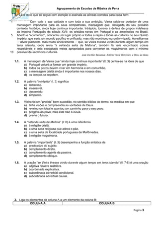 Agrupamento de Escolas de Ribeira de Pena
1. Lê o texto que se segue com atenção e assinala as alíneas corretas para cada item:
1

5

10

Com toda a sua vaidade e com toda a sua ambição, Vieira sabia-se portador de uma
mensagem importante para os seus compatriotas, mensagem que, desligada do seu precário
contexto histórico, ainda hoje continua importante. Intrépido, tomava a defesa de grupos indefesos
do império Português do século XVII: os cristãos-novos em Portugal e os ameríndios no Brasil.
Aberto e “ecuménico”, concedia um lugar próprio a todas a raças e todas as culturas no seu Quinto
Império, que seria um mundo pacífico e unificado, mas não monótono ou uniformizado. Acreditamos
─ talvez piamente, mas muito sinceramente ─ que, se Vieira tivesse vivido durante algum tempo em
terra islamita, onde reina “a nefanda seita de Mafona”, também lá teria encontrado coisas
respeitáveis e teria excogitado meios apropriados para converter os muçulmanos com o mínimo
possível de sacrifícios culturais.
José Van Den Besselaar, António Vieira: O Homem, a Obra, as Ideias

1.1.

A mensagem de Vieira que “ainda hoje continua importante” (ll. 3) centra-se na ideia de que
a) Portugal voltará a formar um grande império.
b) todos os povos devem viver em harmonia e em comunhão.
c) a mensagem cristã ainda é importante nos nossos dias.
d) os tempos se repetem.

1.2.

A palavra “intrépido” (l. 3) significa
a) temeroso.
b) insensível.
c) destemido.
d) simpático.

1.3.

Vieira foi um “profeta” bem-sucedido, no sentido bíblico do termo, na medida em que
a) tinha visões e compreendia as vontades de Deus.
b) revelou um ideal e apontou um caminho para o seu povo.
c) pregava ao povo, mas este não o ouvia.
d) previu o futuro.

1.4.

A “nefanda seita de Mafona” (l. 8) é uma referência
a) à religião cristã.
b) a uma seita religiosa que adora o pão.
c) a uma seita da localidade portuguesa de Mafômedes.
d) à religião muçulmana.

1.5.

A palavra “importante” (l. 3) desempenha a função sintática de
a) predicativo do sujeito.
b) complemento direto.
c) complemento agente da passiva.
d) complemento oblíquo.

1.6.

A oração “se Vieira tivesse vivido durante algum tempo em terra islamita” (ll. 7-8) é uma oração
a) adjetiva relativa restritiva.
b) coordenada explicativa.
c) subordinada adverbial condicional.
d) subordinada adverbial causal.

2. Liga os elementos da coluna A a um elemento da coluna B:
COLUNA A
COLUNA B
Página 3

 