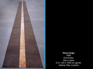 Venus forge.
1980.
Carl Andre.
Aço e cobre
0,5 x 120 x 1555 cm (geral).
Galeria Tate, Londres.
 