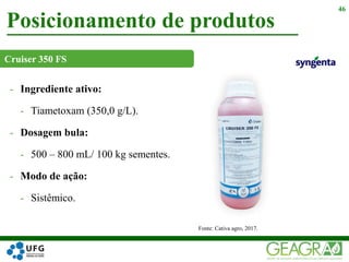 Posicionamento de produtos
46
Fonte: Cativa agro, 2017.
Cruiser 350 FS
- Ingrediente ativo:
- Tiametoxam (350,0 g/L).
- Dosagem bula:
- 500 – 800 mL/ 100 kg sementes.
- Modo de ação:
- Sistêmico.
 