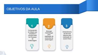 OBJETIVOS DA AULA
3
1 2 3
Compreender
as etapas que
compõem a
primeira fase
do Processo
de
Enfermagem
Entendimento
de técnicas
básicas para
realização do
exame físico
Abranger
metodologia
para
realização da
entrevista de
enfermagem
 