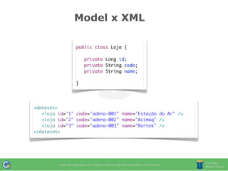 Model x XML

               public class Loja {

                   private Long id;
               	   private String code;
               	   private String name;
               	
               }




<dataset>
	 <loja id="1" code="adena-001" name="Estação do Ar" />
   <loja id="2" code="adena-002" name="Acimaq" />
   <loja id="3" code="adena-003" name="Bertek" />
</dataset>
 
