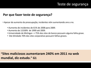 Teste de segurança

 Por que fazer teste de segurança?

 • Apesar do aumento da preocupação, incidentes vêm aumentando ano a no.

     • Aumento de incidentes de 61% de 2008 para 2009.
     • Aumento de 11530% de 1999 até 2009.
     • Universidade de Michigan -> 75% dos sites de banco possuem alguma falha grave.
     • Site blindado 70% dos sites corporativo possuem falhas graves.




“Sites maliciosos aumentaram 240% em 2011 na web
mundial, diz estudo.” G1
 