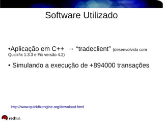 Software Utilizado
●Aplicação em C++ → “tradeclient” (desenvolvida com
Quickfix 1.3.3 e Fix versão 4.2)
● Simulando a execução de +894000 transações
http://www.quickfixengine.org/download.html
 