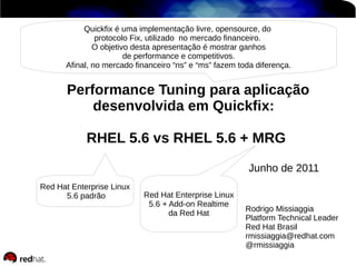 Quickfix é uma implementação livre, opensource, do
protocolo Fix, utilizado no mercado financeiro.
O objetivo desta apresentação é mostrar ganhos
de performance e competitivos.
Afinal, no mercado financeiro “ns” e “ms” fazem toda diferença.

Performance Tuning para aplicação
desenvolvida em Quickfix:
RHEL 5.6 vs RHEL 5.6 + MRG
Junho de 2011
Red Hat Enterprise Linux
5.6 padrão

Red Hat Enterprise Linux
5.6 + Add-on Realtime
da Red Hat

Rodrigo Missiaggia
Platform Technical Leader
Red Hat Brasil
rmissiaggia@redhat.com
@rmissiaggia

 