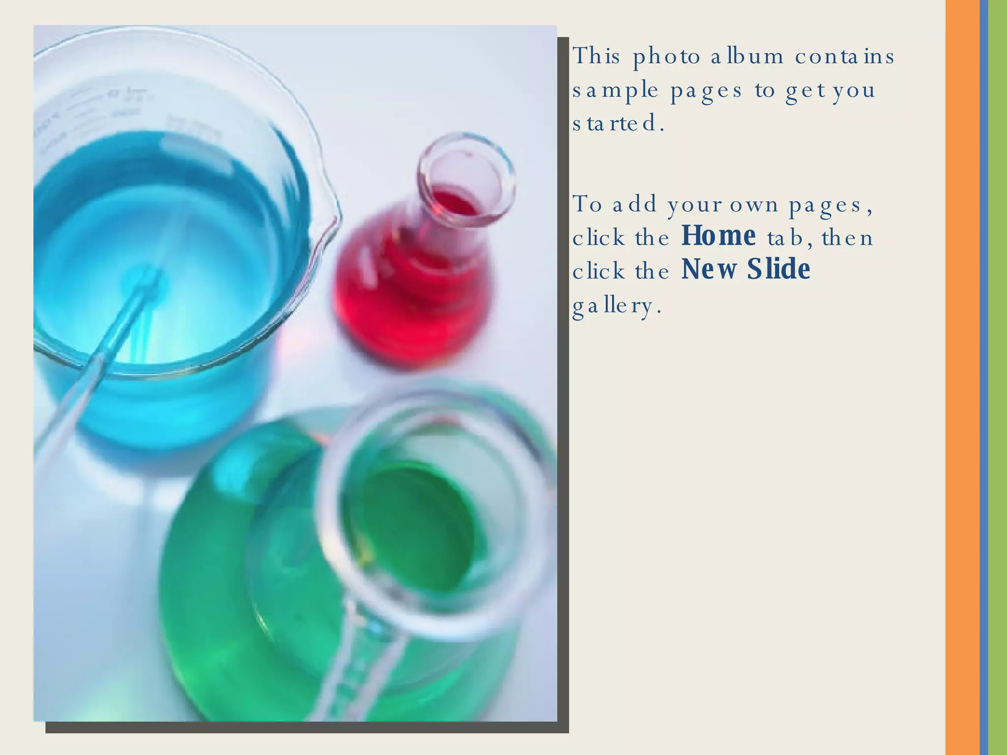 This photo album contains sample pages to get you started. To add your own pages, click the Home tab, then click the New Slide gallery.