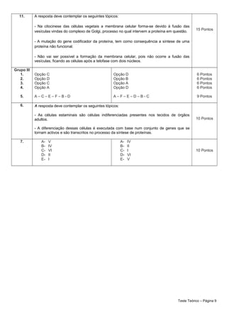 11. A resposta deve contemplar os seguintes tópicos:
- Na citocinese das células vegetais a membrana celular forma-se devido à fusão das
vesículas vindas do complexo de Golgi, processo no qual intervem a proteína em questão.
- A mutação do gene codificador da proteína, tem como consequência a síntese de uma
proteína não funcional.
- Não vai ser possível a formação da membrana celular, pois não ocorre a fusão das
vesículas, ficando as células após a telofase com dois núcleos.
15 Pontos
Grupo III
1.
2.
3.
4.
5.
Opção C
Opção D
Opção C
Opção A
A – C – E – F – B - D
Opção D
Opção B
Opção A
Opção D
A – F – E – D – B - C
6 Pontos
6 Pontos
6 Pontos
6 Pontos
9 Pontos
6. A resposta deve contemplar os seguintes tópicos:
- As células estaminais são células indiferenciadas presentes nos tecidos de órgãos
adultos.
- A diferenciação dessas células é executada com base num conjunto de genes que se
tornam activos e são transcritos no processo da síntese de proteínas.
10 Pontos
7. A- V
B- IV
C- VI
D- II
E- I
A- IV
B- II
C- I
D- VI
E- V
10 Pontos
Teste Teórico – Página 9
 