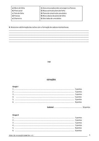 FICHA DE AVALIAÇÃOSUMATIVA nº2 5
a) Muro da falha
b) Planoaxial
c) Tetoda falha
d) Flancos
e) Charneira
1) Zona encurvadaonde convergemosflancos
2) Bloco acimado planode falha
3) Planode simetriade umadobra
4) Bloco abaixodoplanode falha
5) Doisladosde umadobra
6. Relacione adeformaçãodasrochas com a formação de cadeiasmontanhosas.
________________________________________________________________________________________
________________________________________________________________________________________
________________________________________________________________________________________
________________________________________________________________________________________
________________________________________________________________________________________
________________________________________________________________________________________
FIM
COTAÇÕES
Grupo I
1 .................................................................................................................................. 5 pontos
2 .................................................................................................................................. 5 pontos
3 .................................................................................................................................. 5 pontos
4. ............................................................................................................................. 5 pontos
5. ............................................................................................................................... 5 pontos
6. ............................................................................................................................... 8 pontos
Subtotal ............................................................ 33 pontos
Grupo II
1 .................................................................................................................................. 5 pontos
2 .................................................................................................................................. 5 pontos
3 .................................................................................................................................. 5 pontos
4 .................................................................................................................................. 5 pontos
5. ............................................................................................................................... 8 pontos
6. ............................................................................................................................... 6 pontos
 