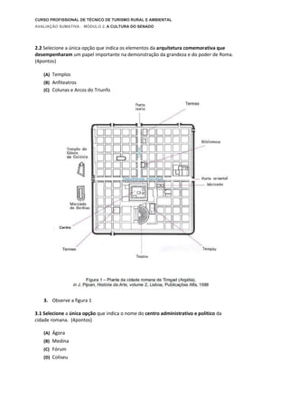 CURSO PROFISSIONAL DE TÉCNICO DE TURISMO RURAL E AMBIENTAL
AVALIAÇÃO SUMATIVA . MÓDULO 2. A CULTURA DO SENADO
2.2 Selecione a única opção que indica os elementos da arquitetura comemorativa que
desempenharam um papel importante na demonstração da grandeza e do poder de Roma.
(4pontos)
(A) Templos
(B) Anfiteatros
(C) Colunas e Arcos do Triunfo
3. Observe a figura 1
3.1 Selecione a única opção que indica o nome do centro administrativo e político da
cidade romana. (4pontos)
(A) Ágora
(B) Medina
(C) Fórum
(D) Coliseu
 