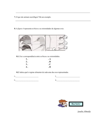 ___________________________________________________________________________
7. O que são animais necrófagos? Dá um exemplo.
___________________________________________________________________________________
8. A figura 4 representa os bicos e as extremidades de algumas aves.
8.1. Faz a correspondência entre os bicos e as extremidades.
1 .
2 .
3 .
4 .
. A
. B
. C
. D
8.2. Indica qual o regime alimentar de cada uma das aves representadas.
1-____________________________
2-____________________________
3_____________________________
4-____________________________
Sandra Almeida
A
B
C
D
Boa Sorte!
 