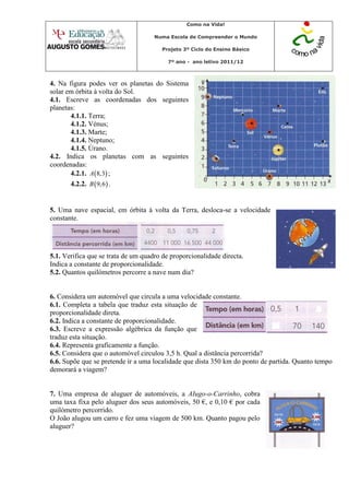 Como na Vida!

                                     Numa Escola de Compreender o Mundo

                                        Projeto 3º Ciclo do Ensino Básico

                                          7º ano - ano letivo 2011/12



4. Na figura podes ver os planetas do Sistema
solar em órbita à volta do Sol.
4.1. Escreve as coordenadas dos seguintes
planetas:
       4.1.1. Terra;
       4.1.2. Vénus;
       4.1.3. Marte;
       4.1.4. Neptuno;
       4.1.5. Úrano.
4.2. Indica os planetas com as seguintes
coordenadas:
       4.2.1. A 8,3 ;
       4.2.2. B  9,6  .


5. Uma nave espacial, em órbita à volta da Terra, desloca-se a velocidade
constante.




5.1. Verifica que se trata de um quadro de proporcionalidade directa.
Indica a constante de proporcionalidade.
5.2. Quantos quilómetros percorre a nave num dia?


6. Considera um automóvel que circula a uma velocidade constante.
6.1. Completa a tabela que traduz esta situação de
proporcionalidade direta.
6.2. Indica a constante de proporcionalidade.
6.3. Escreve a expressão algébrica da função que
traduz esta situação.
6.4. Representa graficamente a função.
6.5. Considera que o automóvel circulou 3,5 h. Qual a distância percorrida?
6.6. Supõe que se pretende ir a uma localidade que dista 350 km do ponto de partida. Quanto tempo
demorará a viagem?


7. Uma empresa de aluguer de automóveis, a AIugo-o-Carrinho, cobra
uma taxa fixa pelo aluguer dos seus automóveis, 50 €, e 0,10 € por cada
quilómetro percorrido.
O João alugou um carro e fez uma viagem de 500 km. Quanto pagou pelo
aluguer?
 