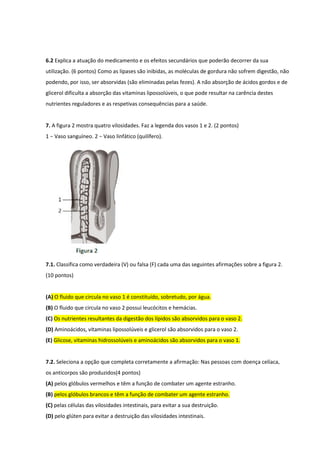 6.2 Explica a atuação do medicamento e os efeitos secundários que poderão decorrer da sua
utilização. (6 pontos) Como as lipases são inibidas, as moléculas de gordura não sofrem digestão, não
podendo, por isso, ser absorvidas (são eliminadas pelas fezes). A não absorção de ácidos gordos e de
glicerol dificulta a absorção das vitaminas lipossolúveis, o que pode resultar na carência destes
nutrientes reguladores e as respetivas consequências para a saúde.
7. A figura 2 mostra quatro vilosidades. Faz a legenda dos vasos 1 e 2. (2 pontos)
1 − Vaso sanguíneo. 2 − Vaso linfático (quilífero).
7.1. Classifica como verdadeira (V) ou falsa (F) cada uma das seguintes afirmações sobre a figura 2.
(10 pontos)
(A) O fluido que circula no vaso 1 é constituído, sobretudo, por água.
(B) O fluido que circula no vaso 2 possui leucócitos e hemácias.
(C) Os nutrientes resultantes da digestão dos lípidos são absorvidos para o vaso 2.
(D) Aminoácidos, vitaminas lipossolúveis e glicerol são absorvidos para o vaso 2.
(E) Glicose, vitaminas hidrossolúveis e aminoácidos são absorvidos para o vaso 1.
7.2. Seleciona a opção que completa corretamente a afirmação: Nas pessoas com doença celíaca,
os anticorpos são produzidos(4 pontos)
(A) pelos glóbulos vermelhos e têm a função de combater um agente estranho.
(B) pelos glóbulos brancos e têm a função de combater um agente estranho.
(C) pelas células das vilosidades intestinais, para evitar a sua destruição.
(D) pelo glúten para evitar a destruição das vilosidades intestinais.
 