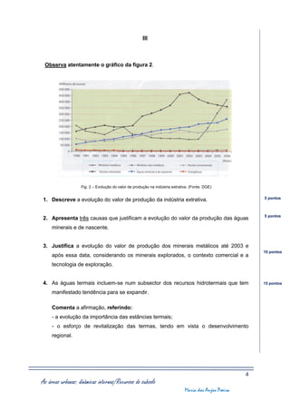 III



 Observa atentamente o gráfico da figura 2.




                   Fig. 2 – Evolução do valor de produção na indústria extrativa. (Fonte: DGE)


1. Descreve a evolução do valor de produção da indústria extrativa.                                        5 pontos



                                                                                                           5 pontos
2. Apresenta três causas que justificam a evolução do valor da produção das águas
     minerais e de nascente.


3. Justifica a evolução do valor de produção dos minerais metálicos até 2003 e
                                                                                                           10 pontos
     após essa data, considerando os minerais explorados, o contexto comercial e a
     tecnologia de exploração.


4. As águas termais incluem-se num subsector dos recursos hidrotermais que tem                             15 pontos

     manifestado tendência para se expandir.

     Comenta a afirmação, referindo:
     - a evolução da importância das estâncias termais;
     - o esforço de revitalização das termas, tendo em vista o desenvolvimento
     regional.




                                                                                                       4
As áreas urbanas: dinâmicas internas/Recursos do subsolo
                                                                              Maria dos Anjos Poeira
 