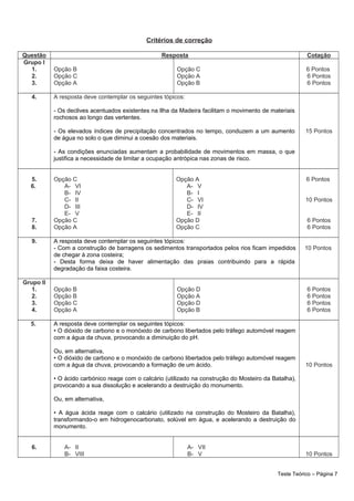 Critérios de correção
Questão Resposta Cotação
Grupo I
1.
2.
3.
Opção B
Opção C
Opção A
Opção C
Opção A
Opção B
6 Pontos
6 Pontos
6 Pontos
4. A resposta deve contemplar os seguintes tópicos:
- Os declives acentuados existentes na Ilha da Madeira facilitam o movimento de materiais
rochosos ao longo das vertentes.
- Os elevados índices de precipitação concentrados no tempo, conduzem a um aumento
de água no solo o que diminui a coesão dos materiais.
- As condições enunciadas aumentam a probabilidade de movimentos em massa, o que
justifica a necessidade de limitar a ocupação antrópica nas zonas de risco.
15 Pontos
5.
6.
7.
8.
Opção C
A- VI
B- IV
C- II
D- III
E- V
Opção C
Opção A
Opção A
A- V
B- I
C- VI
D- IV
E- II
Opção D
Opção C
6 Pontos
10 Pontos
6 Pontos
6 Pontos
9. A resposta deve contemplar os seguintes tópicos:
- Com a construção de barragens os sedimentos transportados pelos rios ficam impedidos
de chegar à zona costeira;
- Desta forma deixa de haver alimentação das praias contribuindo para a rápida
degradação da faixa costeira.
10 Pontos
Grupo II
1.
2.
3.
4.
Opção B
Opção B
Opção C
Opção A
Opção D
Opção A
Opção D
Opção B
6 Pontos
6 Pontos
6 Pontos
6 Pontos
5. A resposta deve contemplar os seguintes tópicos:
• O dióxido de carbono e o monóxido de carbono libertados pelo tráfego automóvel reagem
com a água da chuva, provocando a diminuição do pH.
Ou, em alternativa,
• O dióxido de carbono e o monóxido de carbono libertados pelo tráfego automóvel reagem
com a água da chuva, provocando a formação de um ácido.
• O ácido carbónico reage com o calcário (utilizado na construção do Mosteiro da Batalha),
provocando a sua dissolução e acelerando a destruição do monumento.
Ou, em alternativa,
• A água ácida reage com o calcário (utilizado na construção do Mosteiro da Batalha),
transformando-o em hidrogenocarbonato, solúvel em água, e acelerando a destruição do
monumento.
10 Pontos
6. A- II
B- VIII
A- VII
B- V 10 Pontos
Teste Teórico – Página 7
 