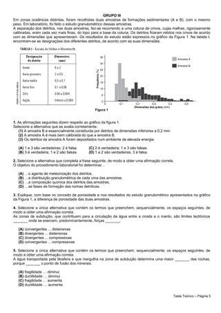 GRUPO III
Em zonas oceânicas distintas, foram recolhidas duas amostras de formações sedimentares (A e B), com o mesmo
peso. Em laboratório, foi feito o estudo granulométrico dessas amostras.
A separação dos detritos, nas duas amostras, fez-se recorrendo a uma coluna de crivos, cujas malhas, rigorosamente
calibradas, eram cada vez mais finas, do topo para a base da coluna. Os detritos ficaram retidos nos crivos de acordo
com as dimensões que apresentavam. Os resultados do estudo estão expressos no gráfico da Figura 1. Na tabela l,
encontram-se as designações dos diferentes detritos, de acordo com as suas dimensões.
1. As afirmações seguintes dizem respeito ao gráfico da figura 1.
Selecione a alternativa que as avalia corretamente.
(1) A amostra B é essencialmente constituída por detritos de dimensões inferiores a 0,2 mm.
(2) A amostra A é mais bem calibrada do que a amostra B.
(3) Os detritos da amostra A foram depositados num ambiente de elevada energia.
(A) 1 e 3 são verdadeiras; 2 é falsa. (C) 2 é verdadeira; 1 e 3 são falsas.
(B) 3 é verdadeira; 1 e 2 são falsas. (D) 1 e 2 são verdadeiras; 3 é falsa.
2. Selecione a alternativa que completa a frase seguinte, de modo a obter uma afirmação correta.
O objetivo do procedimento laboratorial foi determinar...
(A) …o agente de meteorização dos detritos.
(B) …a distribuição granulométrica de cada uma das amostras.
(C) …a composição química dos detritos das amostras.
(D) …as fases de formação das rochas detríticas.
3. Explique, com base no conceito de porosidade e nos resultados do estudo granulométrico apresentados no gráfico
da Figura 1, a diferença de porosidade das duas amostras.
4. Selecione a única alternativa que contém os termos que preenchem, sequencialmente, os espaços seguintes, de
modo a obter uma afirmação correta.
As zonas de subdução, que contribuem para a circulação da água entre a crosta e o manto, são limites tectónicos
_______ onde se exercem, predominantemente, forças _______.
(A) convergentes ... distensivas
(B) divergentes ... distensivas
(C) divergentes ... compressivas
(D) convergentes ... compressivas
5. Selecione a única alternativa que contém os termos que preenchem, sequencialmente, os espaços seguintes, de
modo a obter uma afirmação correta.
A água transportada pela litosfera e que mergulha na zona de subdução determina uma maior _______ das rochas,
porque _______ o ponto de fusão dos minerais.
(A) fragilidade … diminui
(B) ductilidade … diminui
(C) fragilidade … aumenta
(D) ductilidade … aumenta
Teste Teórico – Página 5
Figura 1
 