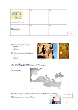 1%                               2%




_________1%______

                                 1%                               2%

Hipogeus
                                                                                           15%




2.2. Caracteriza a pintura Egípcia.

     6%


2.3. Descreve a escultura dos Egípcios.

     6%
                                                   III


As Civilizações Hebraica e Fenícia:

Observa o mapa:




3.1. Indica no mapa a localização da Palestina, das cidades Fenícias e de Cartago.
                                                                                     2+2+1=5%
3.2.Completa o quadro sobre os Hebreus


                                                                                       2
 